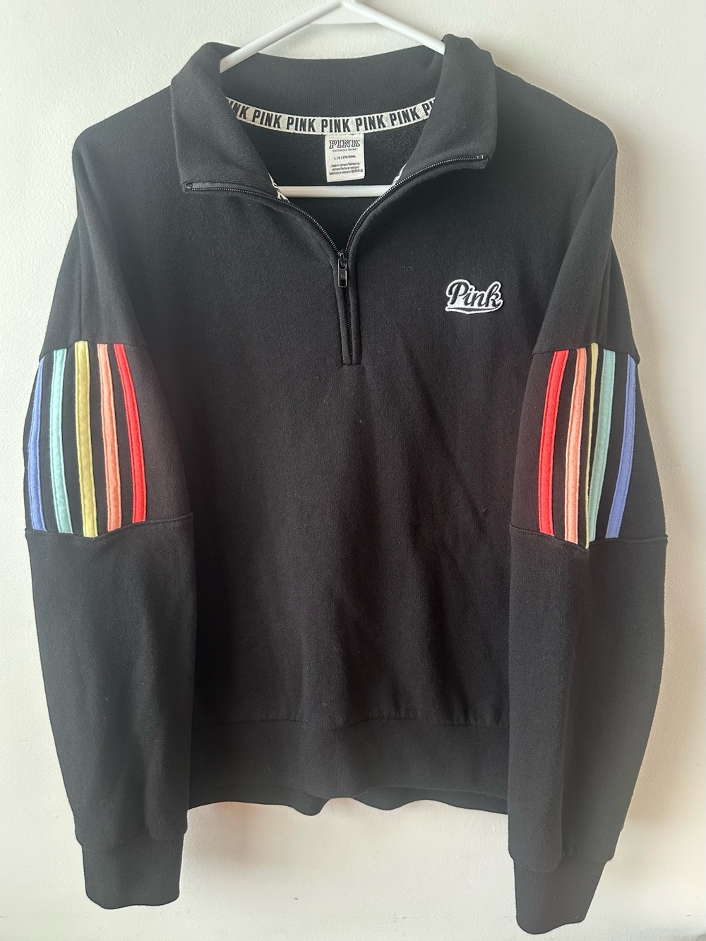 VS Pink Black Rainbow Striped Quarter Zip L